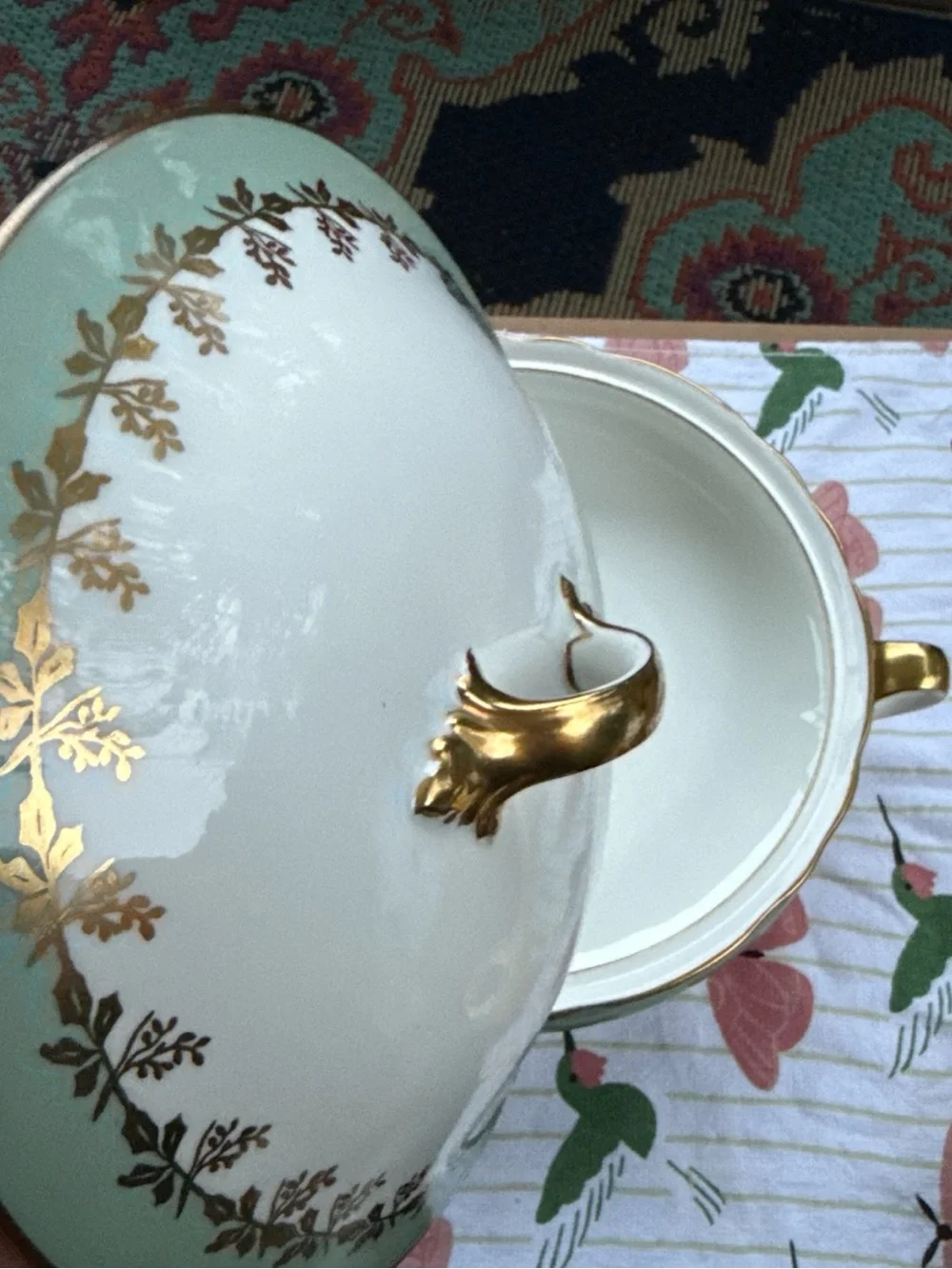 Vintage Aynsley Sage Green Gold Gilt Scroll covered serving dish 8224 rare